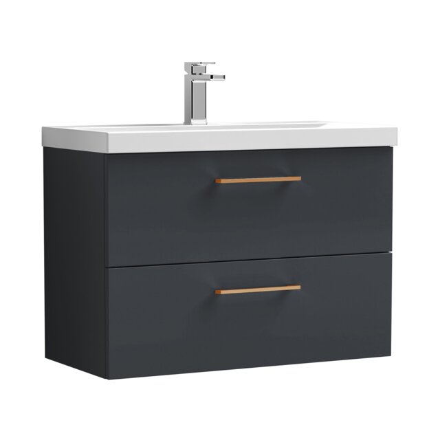 Balterley Wall Hung Bathroom 2 Drawer Vanity Unit and 1 Tap Hole Ceramic Basin, with Handles Grey