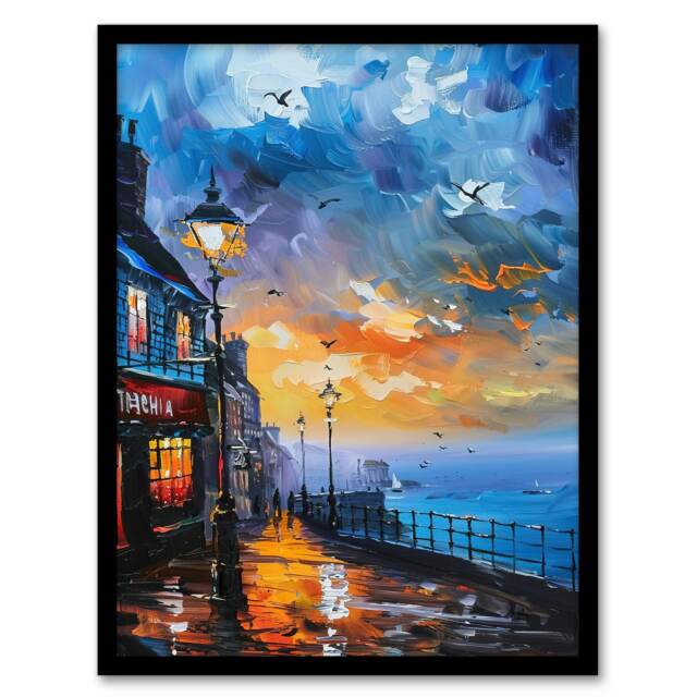 Seaside Town Promenade Sunset Oil Living Room Black Framed Wall Art Print A4