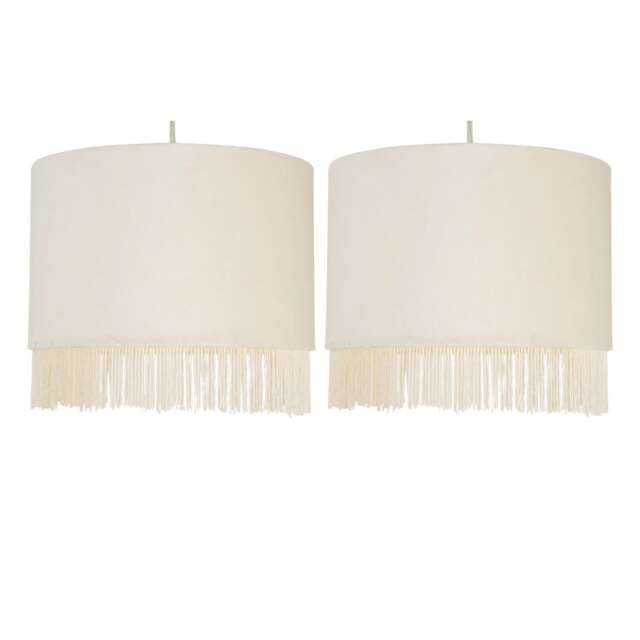 Set of 2 Fringed - Off White 23cm Fringed Velvet Pendant Shades White Medium 2