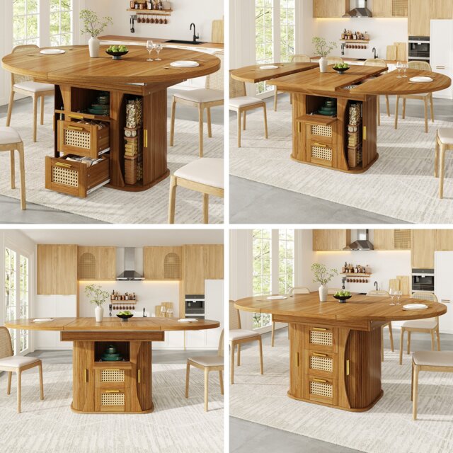 VILUXE 118-158 cm Extendable Dining Table with Rattan-Look Drawers and Integrated Storage, MDF and Metal, Brown
