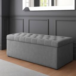 90cm SD Ottoman Storage Box, Grey Velvet Upholstered Chesterfield Storage Ottoman Box