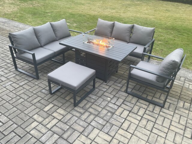 Fimous Aluminium Outdoor Lounge Sofa Garden Furniture Sets Gas Fire Pit Dining Table Set with Arm Chair Big Footstool Dark Grey
