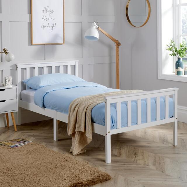 Single Bed White Wooden 3ft Childrens Bed Headboard High End Slatted Base