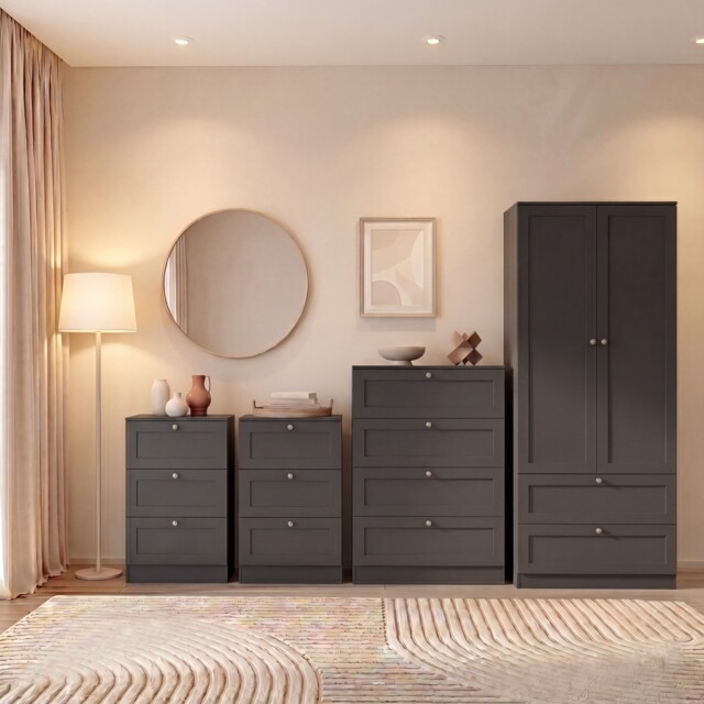 Vida Designs Altino 4 Piece Bedroom Set (2x 3 Drawer Bedside, 4 Drawer Chest, 2 Door 2 Drawer Wardrobe), Black