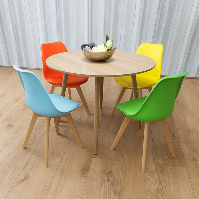 Round Dining Table Set With 4 colourful plastic Chairs Dining Room Furniture