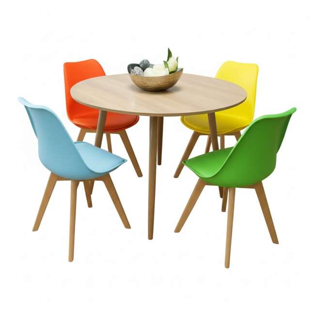 Round Dining Table Set With 4 colourful plastic Chairs Dining Room Furniture