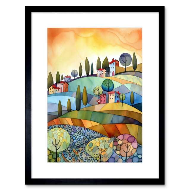 "Italian Countryside Midsummer Landscape Folk Art 9x7"" Black Framed Wall Art Print"