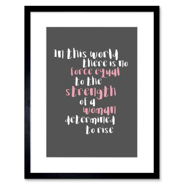 "Strength Of Determined Woman Quote Pink Grey Design 9x7"" Black Framed Wall Art Print"