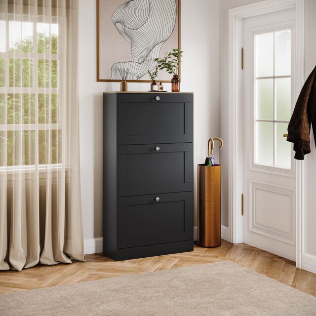 Vida Designs 3 Drawer Shoe Cabinet, Black & Oak