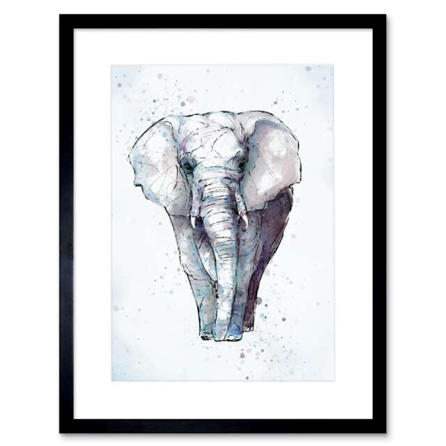 "African Elephant Soft Watercolour Animal 9x7"" Black Framed Wall Art Print"