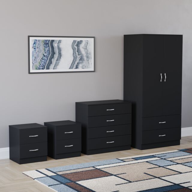 Vida Designs Riano 4 Piece Bedroom Set (2x 2 Drawer Bedside Chest, 4 Drawer Chest, 2 Door 2 Drawer Wardrobe) - Black