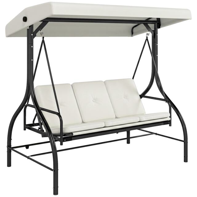 Outsunny 3 Seater Canopy Swing Chair Porch Hammock Bed Rocking Bench Cream White Cream