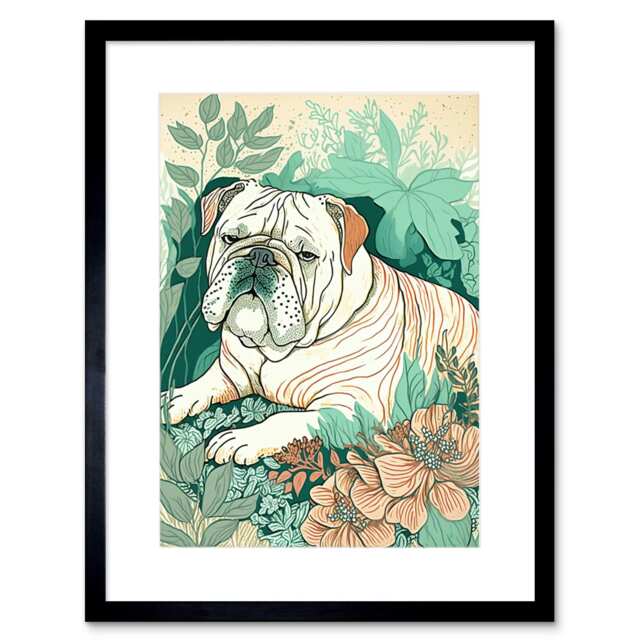 "Bulldog Lying a Flower Field Modern Pastel Colour 9x7"" Black Framed Wall Art Print"