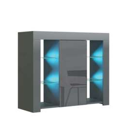 Sideboard 97.5cm Grey Gloss Door Grey Matt Body Glass Shelves Free LED Grey