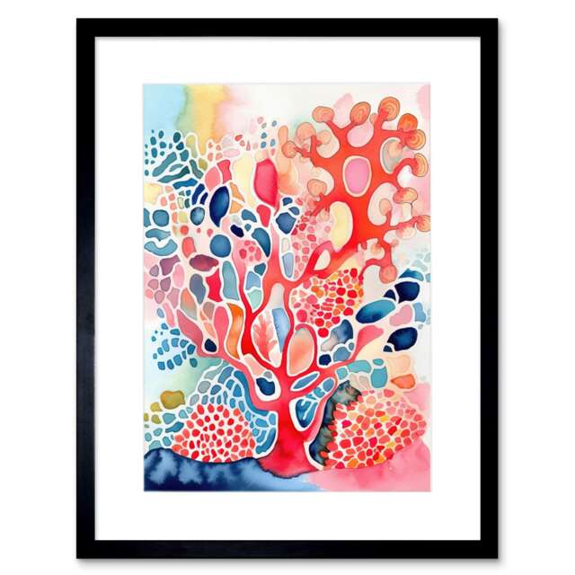 "Pink Blue Coral Folk Art Watercolour Painting 9x7"" Black Framed Wall Art Print"