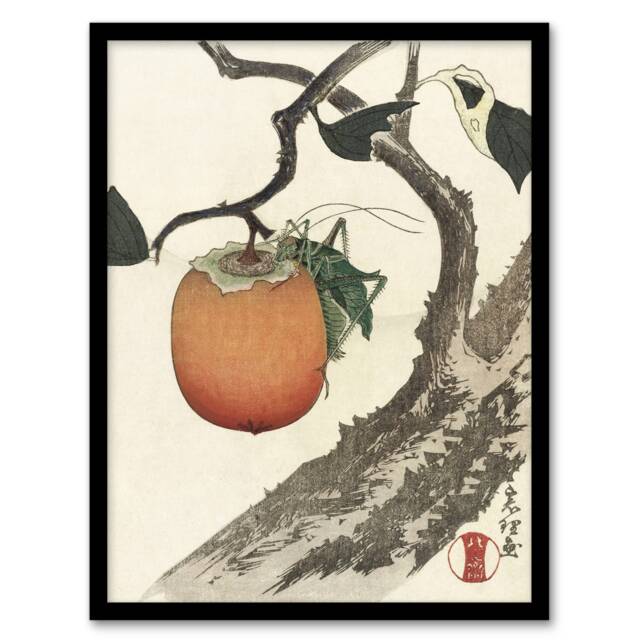 "Persimmon Fruit Grasshopper Vintage Japan Framed Wall Art Print Hokusai 12x16"""
