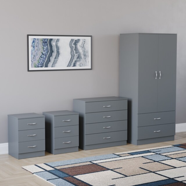 Vida Designs Riano 4 Piece Bedroom Set (2x 3 Drawer Bedside Chest, 5 Drawer Chest, 2 Door 2 Drawer Wardrobe) - Grey