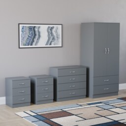 Vida Designs Riano 4 Piece Bedroom Set (2x 3 Drawer Bedside Chest, 5 Drawer Chest, 2 Door 2 Drawer Wardrobe) - Grey