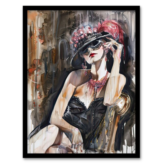 Dark Modern Flapper Girl Venetian Mask Bedroom Black Framed Wall Art Print A4