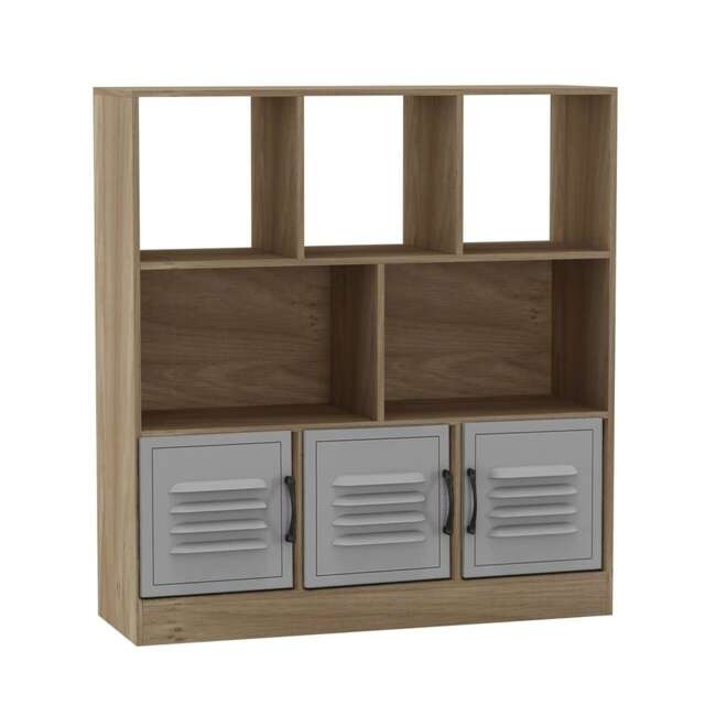 Asymmetrical 8 Cube Oak Freestanding Bookcase Shelf Storage Unit with 3 Doors Grey Metal Doors - Grey 1
