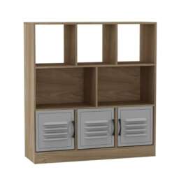Asymmetrical 8 Cube Oak Freestanding Bookcase Shelf Storage Unit with 3 Doors Grey Metal Doors - Grey 1