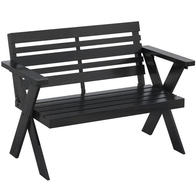 Outsunny 2 Seater Wood Garden Bench, Slatted Patio Bench with Armrest Black Black Black Not provided