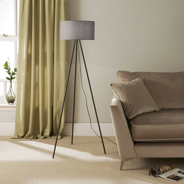 Modern Black Metal Tripod Floor Lamp with Cotton Fabric Lampshade in Grey Black