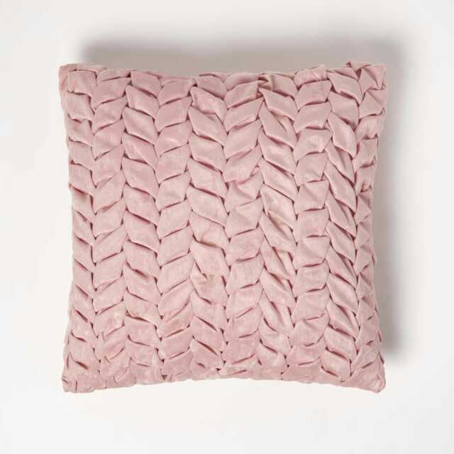 Homescapes Grace Pleated Pink Velvet Cushion - 45 x 45 cm Pink 1