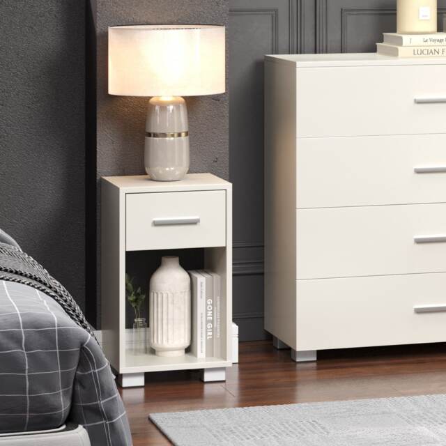 Lido 1 Drawer Bedside Table - Gloss White Finish with Silver Handles and Feet White White One Size 1