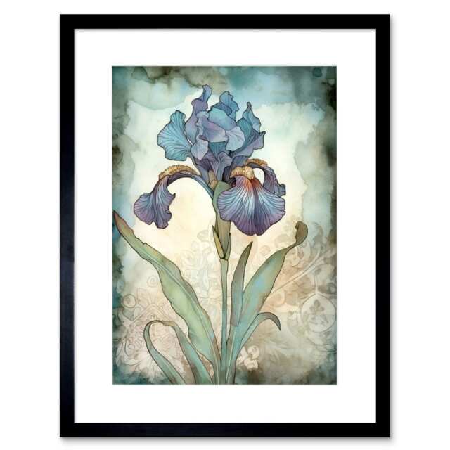 "A Single Iris Flower Watercolour 9x7"" Black Framed Wall Art Print"