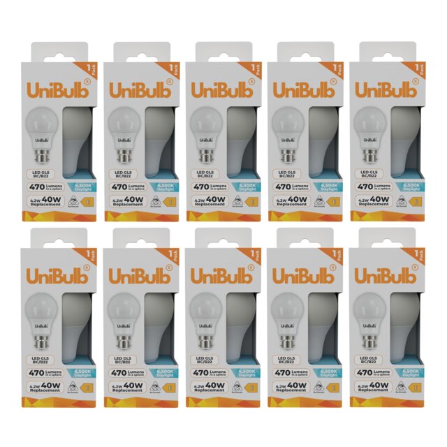 UniBulb LED GLS B22 Bayonet Cap (BC) 470lm 4.2W (Replaces 40W) 6500K (Daylight) Light Bulb - Pack of 10