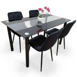 Black Clear Glass Dining Table With 4 Black Tufted Velvet Chairs Kitchen Dining Set