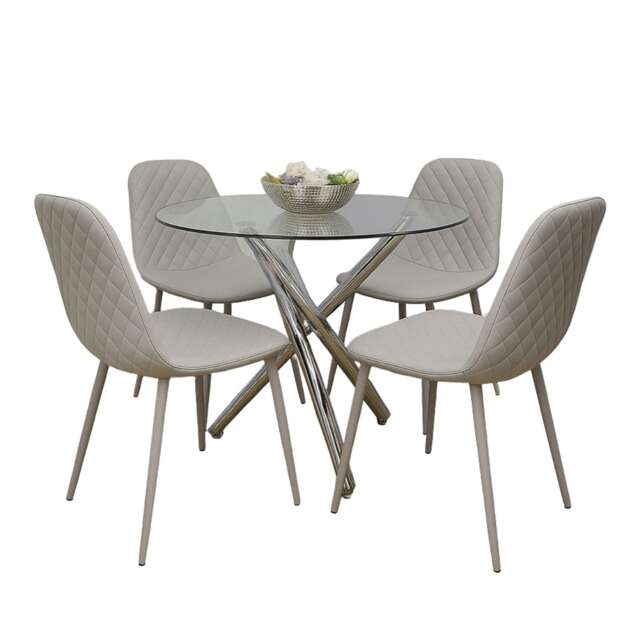 Round Clear Glass Dining Table with Chrome Metal Legs and 4 Grey Leather Padded Chairs, Modern Dining Set