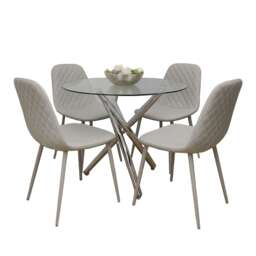 Round Clear Glass Dining Table with Chrome Metal Legs and 4 Grey Leather Padded Chairs, Modern Dining Set