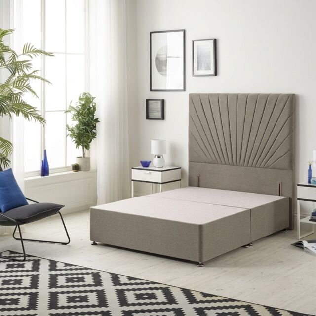 Sunburst Divan Bed with 54'' Floor Standing Headboard Tweed Fabric Brown Coffee