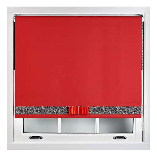 FURNISHED Blackout Roller Blind with Black Glitter Trim and Red Bow Trimmable Window Shade Red Red (W) 225cm x (L) 165cm