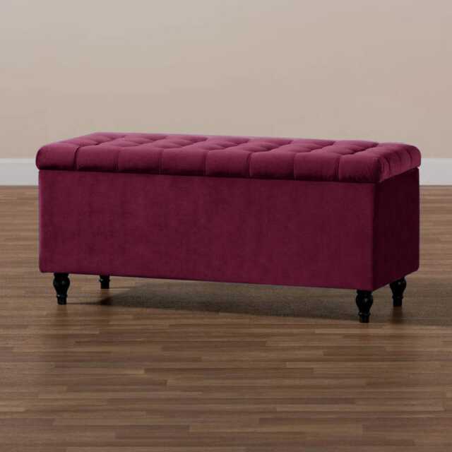 180cm Cubed Ottoman Storage Box,Red Velvet Upholstered Chesterfield Storage Ottoman Box with Wooden Legs