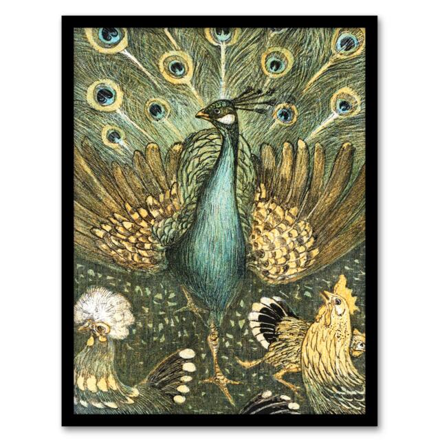 "Peacock with Hens Painting Vintage Framed Wall Art Print van Hoytema 12x16"""