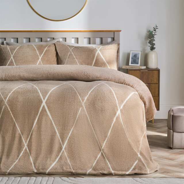 OHS Diamond Check Teddy Fleece Bedding Set Winter Duvet Cover with Pillowcase Brown Natural King