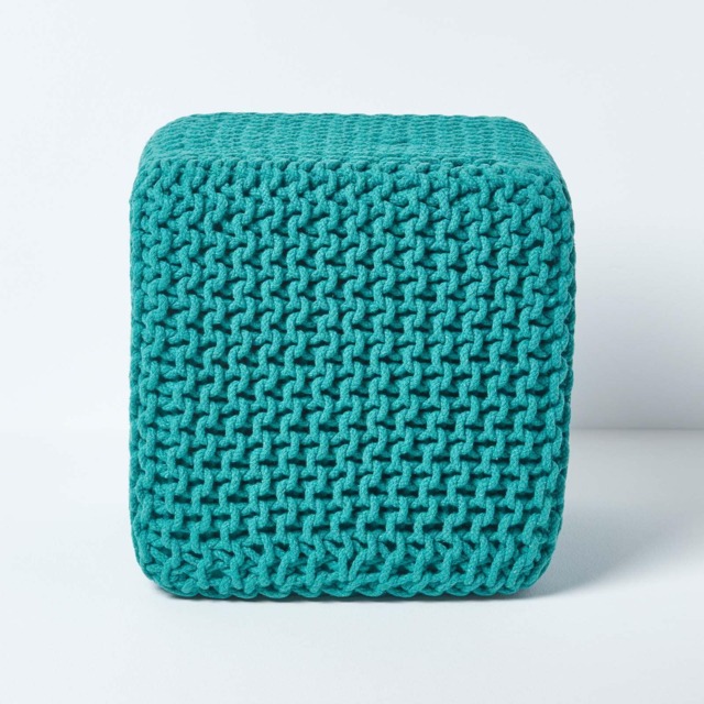Homescapes Teal Green Cube Cotton Knitted Pouffe Footstool