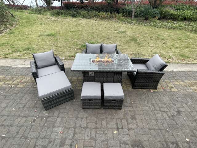 Fimous Rattan Outdoor Furniture Gas Fire Pit Rectangle Dining Table Gas Heater Chairs Two Seater Love Sofa Sets 3 Footstools 7 Seater
