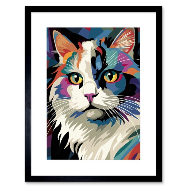 "Fluffy Ragdoll Cat Lover Pet Portrait Colourful 9x7"" Black Framed Wall Art Print"