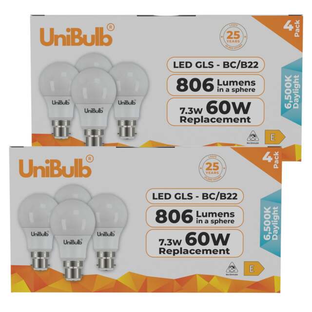 UniBulb LED GLS B22 Bayonet Cap (BC) 806lm 7.3W (Replaces 60W) 6500K (Daylight) Light Bulb - Pack of 8