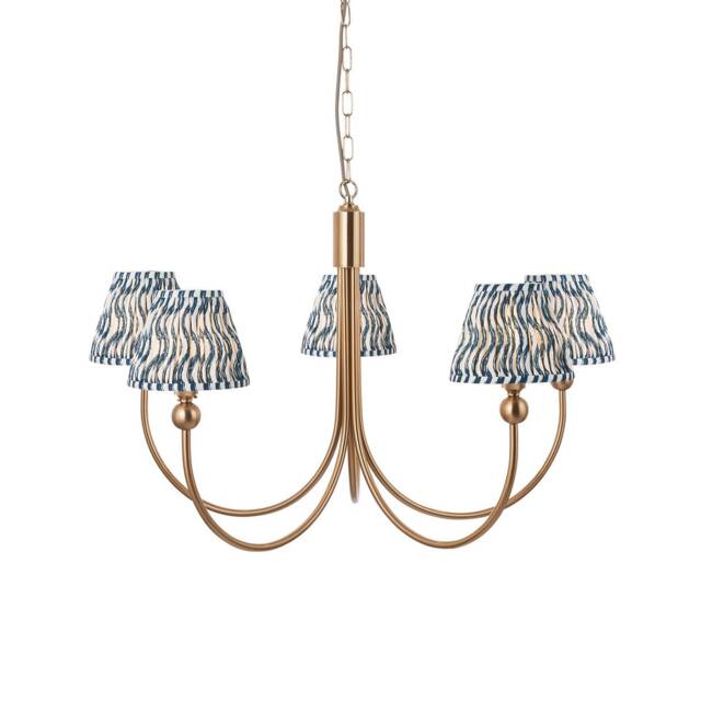 Santiago Brushed Aged Brass Plate Pendant Light with Marlin Blue Fabric Ripple Shade 16cm 5x B22