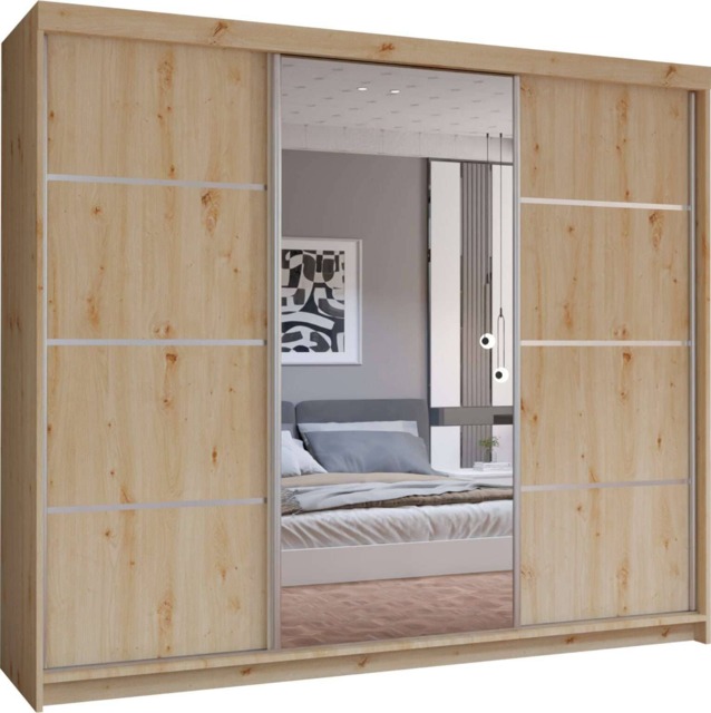 Primo 250cm 3 Door Sliding Mirror Wardrobe Available in White, Oak Sonoma, Cashmere & Artisan Brown 1