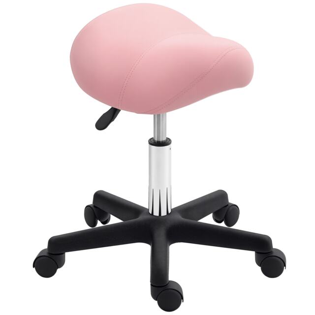 HOMCOM Saddle Stool, PU Leather Adjustable Rolling Salon Chair with Steel Frame for Massage, Spa, Beauty and Tattoo, Pink Pink 1