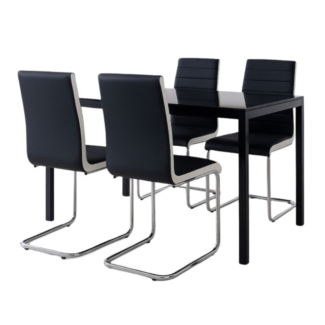 Black Glass Dining table Set with 4 black Faux leather chairs Dining Room Furniture