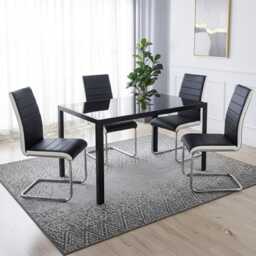 Black Glass Dining table Set with 4 black Faux leather chairs Dining Room Furniture