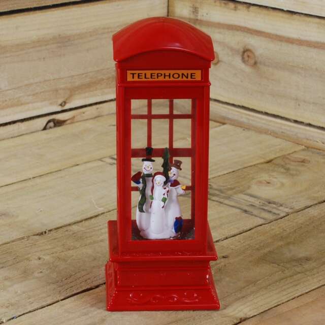 27cm Dual Power LED Christmas Glitter Water Spinner Red Phone Box Snowman Scene