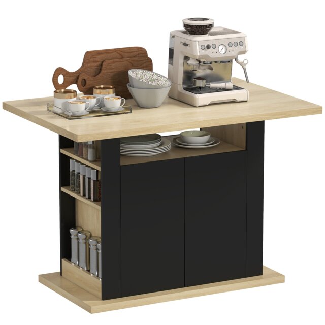 HOMCOM Kitchen Island with Storage Cabinet and Spice Rack, Black & Natural